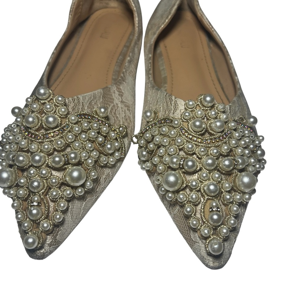 Source Unknown Pearl Embellished Pointed Toe Flats - Champagne